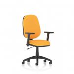 The picture shows a sleek and modern Dynamic General Desk Chair Eclipse Plus I, featuring a lever for easy height adjustment and adjustable arms. The chairs back and seat are customizable in a vibrant senna yellow color.