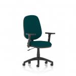 The photograph shows a sleek, modern desk chair called the Eclipse Plus I. It has an adjustable seat and armrests, and the back and seat are a vibrant, bespoke maringa teal color. The chair appears to be in a dynamic, ready-to-use position.