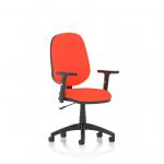 The picture shows a sleek and modern task operator chair, with height adjustable arms and a bespoke colour back and seat in tabasco orange. The chair radiates a sense of dynamic energy, designed to provide comfort and support for productive work.