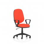 The photo captures a sleek and modern desk chair with loop arms in a vibrant tabasco orange color. This Dynamic General Eclipse Plus I Lever Task Operator Chair stands out with its bespoke back and seat, adding a touch of personal style to any workspace.