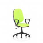This image features the Dynamic General Desk Chairs Eclipse Plus I Lever Task Operator Chair with loop arms in a bespoke color and Myrrh Green back and seat. The chair has a sleek and modern design with a comfortable seat and adjustable lever for optimal support.