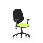 The photograph captures a sleek and modern office chair, complete with adjustable arms for maximum comfort. The Myrrh Green seat adds a pop of color to the Dynamic General Desk Chairs Eclipse Plus, making it a stylish and practical addition to any workspace.