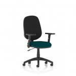 This photograph showcases a sleek and modern office chair. The Eclipse Plus I Lever Task Operator Chair features dynamic general desk chairs with height adjustable arms and a bespoke colour seat in Maringa Teal. The chair exudes style and functionality, perfect for any workspace.