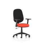 This office chair features a sleek ergonomic design, with a high backrest and adjustable arms for comfort and support. The bright tabasco orange seat adds a pop of color to any work space. It is customizable with various color options and lever-controlled height adjustment. Perfect for a dynamic and modern office environment.