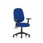 The photo shows a sleek and modern Dynamic General Desk Chair with Eclipse Plus II Lever, adjustable height arms, and a bespoke Stevia Blue color for the back and seat. It is perfect for a professional office setting or as a comfortable workstation chair.
