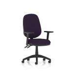 The image shows a modern, sleek office chair with a high stand, adjustable arms and a unique tansy purple color for both the back and seat. It exudes a sense of versatility and efficiency for any workspace.