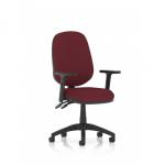 This photo features a sleek and modern Dynamic General Desk Chair from the Eclipse Plus II series. The chair has a lever task operator design and height adjustable arms. The back and seat are custom colored in ginseng and chili shades.