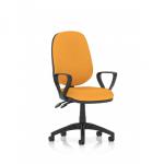 This picture showcases a sleek and modern Dynamic General Desk Chair in Eclipse Plus II Lever style. The chair features loop arms and a bespoke Senna Yellow color on both the back and seat. Perfect for any office space in need of a pop of color.