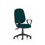 The photograph shows a modern and sleek office chair, the Dynamic General Desk Chairs Eclipse Plus II Lever Task Operator Chair. It has loop arms and a bespoke maringa teal back and seat, adding a touch of color to any workspace. The chair appears comfortable and professional, perfect for any office setting.