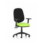 The photo captures a sleek and modern desk chair, equipped with adjustable arms and a vibrant myrrh green seat. The Eclipse Plus II Lever Task Operator Chair exudes a sense of dynamism, perfect for any office setting.