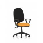 This image features a sleek and modern Eclipse Plus II lever task operator chair with loop arms. The seat is a bold, bespoke Senna Yellow color, adding a pop of vibrancy to any office space. The chairs dynamic design promises comfort and functionality for all-day use.