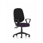 This image shows a Dynamic General Desk Chairs Eclipse Plus II Lever Task Operator Chair with loop arms and a bespoke tansy purple seat. The chair has a modern design and provides comfortable support for long periods of sitting.