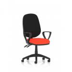 The picture shows a sleek and modern Dynamic General Desk Chair Eclipse Plus II Lever Task Operator Chair in a stunning bespoke color of Tabasco Orange. It features loop arms for added comfort and customizable seat color. Perfect for any office setting.