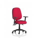 This image features a black office chair with a sleek, modern design. The chair has height-adjustable arms and a customizable back and seat in a bold shade of bergamot cherry. It is ideal for a versatile and comfortable seating option in a dynamic work environment.