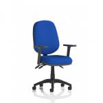 This photo features the Dynamic General Desk Chairs Eclipse Plus III Lever Task Operator Chair. The chair has height adjustable arms and a bespoke Stevia Blue back and seat. The design is sleek and modern, suitable for any office or workspace.