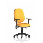 The picture displays a modern and multifunctional Dynamic General Desk Chair from the Eclipse Plus III Lever series. The chair features height adjustable arms and a bespoke color for the back and seat in a striking Senna Yellow. Perfect for any office space in need of a stylish yet practical seating option.