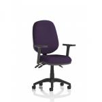 The image shows a sleek and modern Dynamic General Desk Chair in Tansy Purple. It features an Eclipse Plus III Lever for easy adjustment, as well as height adjustable arms, a bespoke colour back, and seat for added style and customization. This chair is perfect for a professional and comfortable work environment.