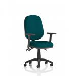 This photograph captures a modern and versatile office chair, the Dynamic General Desk Chairs Eclipse Plus III. The chair features height adjustable arms and a unique color combination of Maringa Teal on the back and seat. Its sleek design is perfect for any workspace.