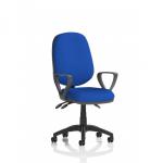 The photo shows a sleek and modern Dynamic General Desk Chair in Eclipse Plus III design. It features a lever for easy adjusting and loop arms for added support. The bespoke color of the back and seat is a beautiful Stevia Blue, giving it a pop of color.