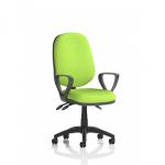 This photograph showcases a modern and ergonomic Dynamic General Desk Chair from the Eclipse Plus III series. It features a lever for easy adjustments, loop arms for comfortable support, and a bespoke Myrrh Green back and seat for a personalized touch. Perfect for office work and long hours of sitting.
