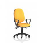 The picture shows a modern, sleek Dynamic General Desk Chair Eclipse Plus III Lever Task Operator Chair with Loop Arms in a bright senna yellow color for the back and seat. The chair is designed for comfort and customization with a bespoke color option.