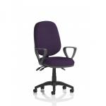 The image shows a modern, sleek general desk chair with dynamic features. The Eclipse Plus III Lever Task Operator Chair has loop arms and a bespoke color back and seat in a vibrant tansy purple. It exudes both functionality and style, making it a great addition to any office space.