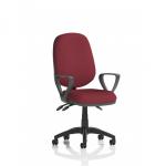 This photo shows a group of dynamic general desk chairs, including the Eclipse Plus III lever task operator chair. The chairs feature loop arms and a bespoke color back and seat in ginseng and chilli.