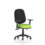 This photo showcases the Dynamic General Desk Chairs Eclipse Plus III Lever Task Operator Chair. It features height adjustable arms, a bespoke colour seat in myrrh green, and is identified as KCUP0874. The chair appears sleek and modern, with clean lines and a professional design. It is a practical and stylish choice for any office setting.