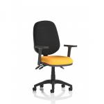 In this picture, you see a sleek, modern task operator chair with height adjustable arms. Its unique bright yellow seat stands out against the dynamic design of the chair, adding a pop of color to any office space. The Eclipse Plus III Lever feature adds to its functionality and versatility.