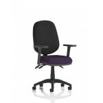 This image features a sleek and modern operator chair, with a tansy purple seat and height adjustable arms, from the Dynamic General Desk Chairs Eclipse Plus III collection.