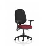 This photo showcases a sleek and versatile operator chair - the Dynamic General Desk Chairs Eclipse Plus III. With adjustable arms and a customizable seat in a bold ginseng chilli color, this chair is both functional and eye-catching. Perfect for any modern workspace.