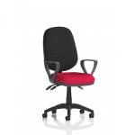 This image showcases a stylish and functional Eclipse Plus III Lever Task Operator Chair with loop arms. The chair features a bespoke colour seat in a vibrant shade of bergamot. The chair is complemented by a sleek and modern Bergamot Cherry frame.