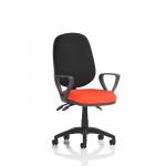 This photo features a sleek and modern Dynamic General Desk Chair, the Eclipse Plus III Lever Task Operator Chair. It has loop arms and a bespoke tabasco orange seat, adding a pop of color to any office space.