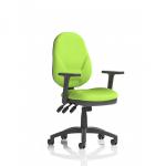 In the photograph, the Dynamic General Desk Chairs Eclipse Plus XL is shown in a modern office setting. The chair features a lever for adjustable height, along with sleek, adjustable armrests. The back and seat are a vibrant myrrh green color, adding a pop of personality to the workspace.