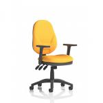 This picture features the Dynamic General Desk Chairs Eclipse Plus XL Lever Task Operator Chair. It has height adjustable arms, a bespoke coloured back and seat in bright Senna Yellow. The chair appears sleek and modern, with a comfortable and ergonomic design.