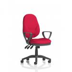 The image shows a sleek and modern Eclipse Plus XL Lever Task Operator Chair with loop arms, in a bespoke colour for both the back and seat - a beautiful bergamot cherry. The chair exudes a dynamic and professional vibe, perfect for a general desk setting.