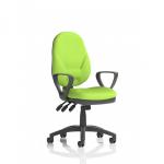 This photograph showcases the Dynamic General Desk Chairs Eclipse Plus XL Lever Task Operator Chair. The chair features loop arms, a bespoke myrrh green back and seat, and is perfect for any workspace.
