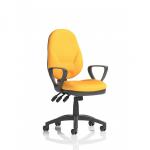 The picture showcases a sleek and modern Dynamic General Desk Chair in Senna Yellow, featuring a XL lever for customizable height adjustment and loop arms for added comfort. The bespoke color adds a pop of personality to any office space.