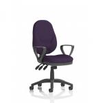 The image shows a dynamic desk chair, with loop arms and a bespoke tansy purple color on the back and seat. The Eclipse Plus XL lever allows for easy adjustment and comfortable seating for any task or operator.