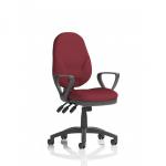 The photo shows a contemporary office setting, with a sleek Dynamic General Desk Chair in the center. The chair features a high backrest, stylish looped arms, and a customizable back and seat in a vibrant ginseng and chilli color scheme. The Eclipse Plus XL Lever Task Operator Chair is the perfect addition to any modern workspace.