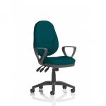 This photograph showcases the sleek and modern design of the Dynamic General Desk Chairs Eclipse Plus XL Lever Task Operator Chair. With loop arms and a bespoke color back and seat in Maringa Teal, this chair adds a touch of sophistication to any office space. The ergonomic design ensures comfort and support for long work hours.