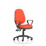 This picture captures a sleek and modern office chair, featuring a black base and arms, with a bold, custom color seat and back in a vibrant tabasco orange. The chair is adjustable and ergonomic, perfect for any workspace.