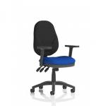 This photo features a sleek, modern desk chair with a curved backrest and adjustable arms. The seat is a unique blue tone, adding a pop of color to any office space. The chair is designed for comfort and practicality, making it ideal for long work days.