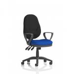 The photo showcases a sleek and modern office chair with loop arms and a bespoke color seat in Stevia Blue. The chairs dynamic design and XL lever make it a comfortable and stylish choice for any workspace.