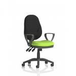 The photograph captures the sleek and modern design of the Dynamic General Desk Chairs Eclipse Plus XL Lever Task Operator Chair. The chair features loop arms and a bespoke colour seat in Myrrh Green, adding a pop of color to any workspace.