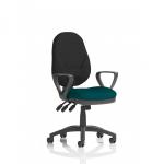 In the photo, a sleek and modern Eclipse Plus XL Lever Task Operator Chair with loop arms can be seen. The chair boasts a bespoke maringa teal seat, adding a splash of color to any office space. The design is both practical and stylish, perfect for any dynamic general desk.