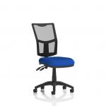 This picture showcases a sleek and modern dynamically designed mesh back chair, known as the Eclipse Plus II Lever Task Operator Chair. The backrest is made of breathable mesh, while the seat has a customized unique Stevia Blue color. Perfect for any office setting, this chair offers comfort and style.