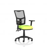 The image shows a modern-looking task operator chair with a dynamic mesh back, height-adjustable arms, and a bespoke color seat in myrrh green. The Eclipse Plus II Lever design adds style and functionality to any workspace.