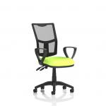 The image shows a sleek and modern office chair with a dynamic mesh back for comfortable support. It features loop arms and a bespoke color seat in myrrh green, adding a pop of color to any workspace. The Eclipse Plus II Lever allows for adjustable height and tilt for personalized comfort.
