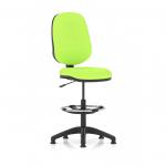 In this photograph, we see a set of sleek Dynamic Draughtsmans Chairs from the Eclipse Plus I collection. These chairs feature a high rise draughtsman kit, and their back and seat are a bespoke myrrh green color. The lever task operator design adds a touch of functionality to these stylish chairs.